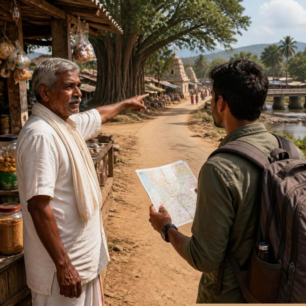 A historical Indian traveller using landmarks and a paper map to navigate a rural road