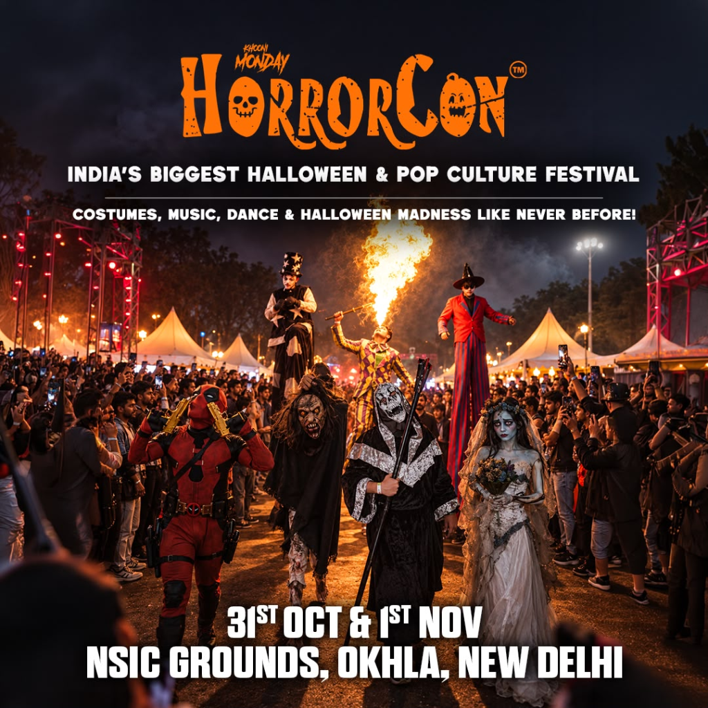 Halloween festival atmosphere with horror cosplay costumes and live entertainment representing HorrorCon India 2026.