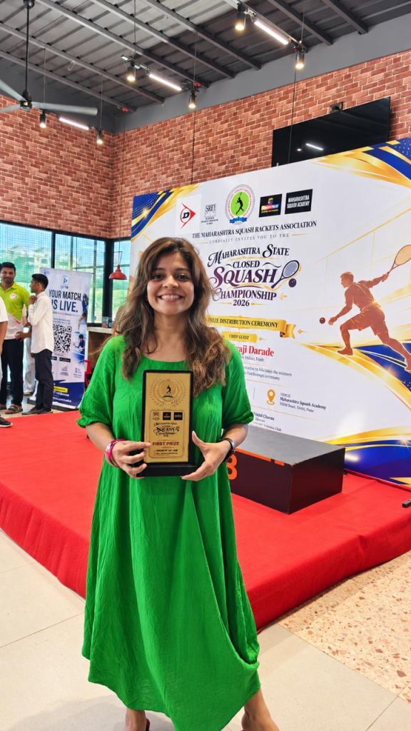 Nivedita Basu celebrates after winning the Women's 35+ title at the Maharashtra State Closed Squash Championship 2026 in Pune.
