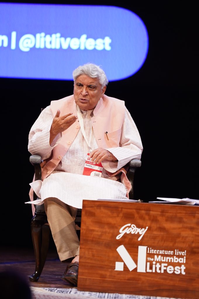 Javed Akhtar speaking about AI and creativity during Godrej Literature Live! 2026 at NCPA Mumbai.