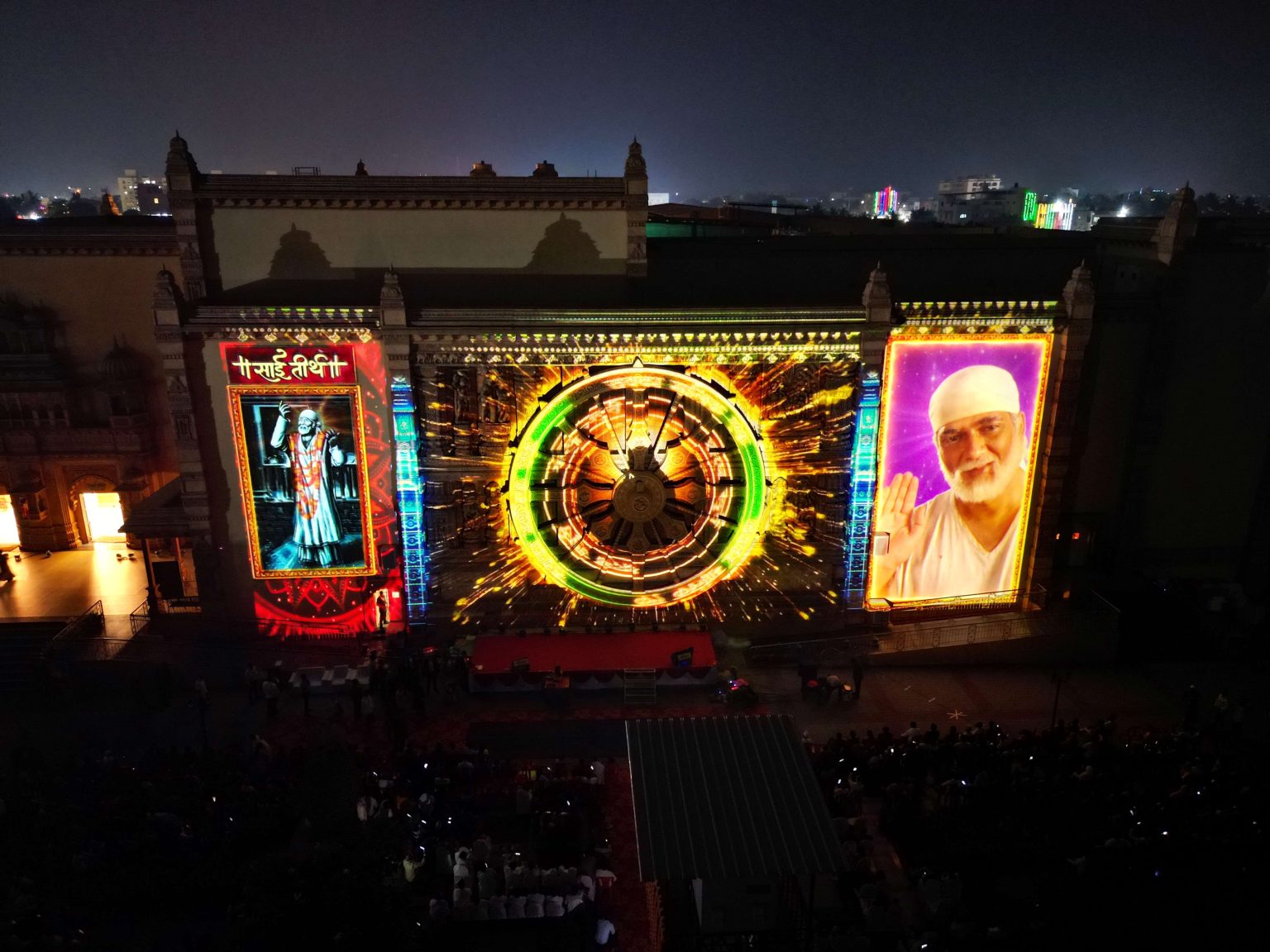Dasara celebrations at Sai Teerth in Shirdi featuring a devotional procession, festive lights and Ravan Dahan.