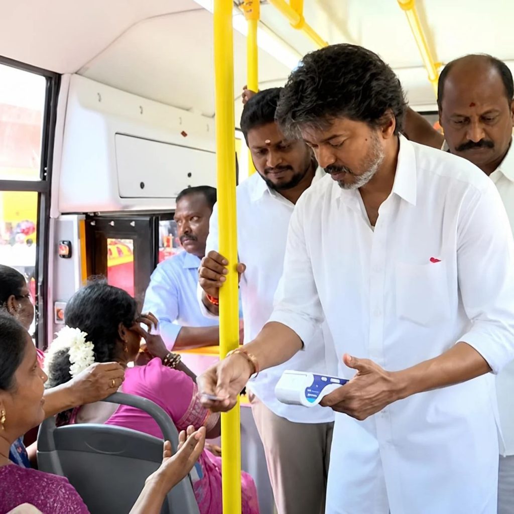 Vijay distributes bus tickets to women during Tamil Nadu free travel scheme launch