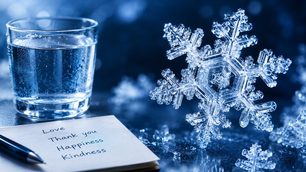 Naturally formed ice crystals photographed against a dark blue background, illustrating questions about Masaru Emoto’s claims.