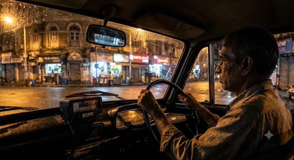 Mumbai After Midnight: The Untold Stories Behind a Taxi Driver’s Wheel A taxi travelling through a quiet Mumbai street at night, with streetlights illuminating the road as a night-shift driver continues working while the city sleeps.