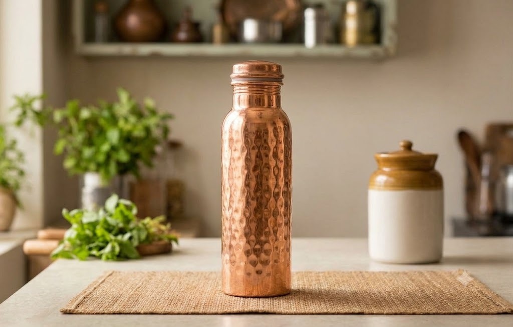 Copper Water Bottles: What Does Science Really Say? Copper water bottle beside a glass of drinking water on a clean kitchen surface