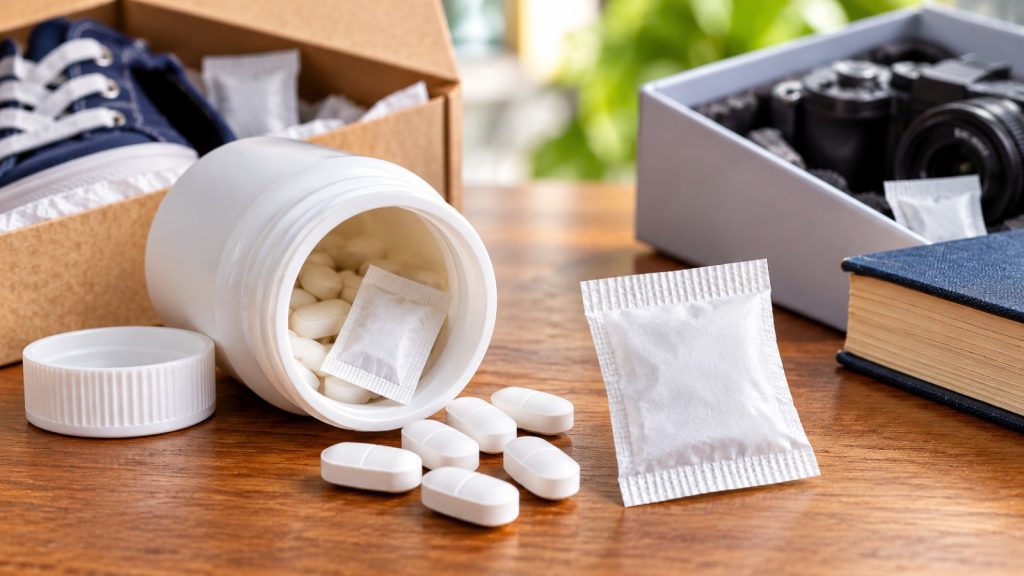 Small white silica gel sachet beside an open medicine bottle and tablets