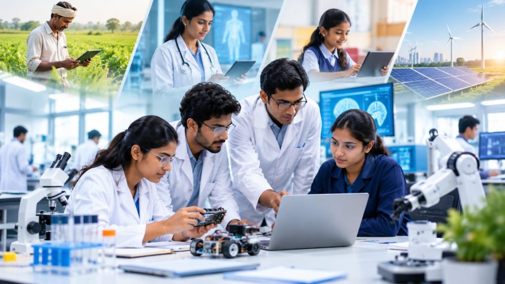 Indian scientists and young researchers collaborating in a modern laboratory, developing technology prototypes with potential applications in healthcare, agriculture, education and renewable energy.