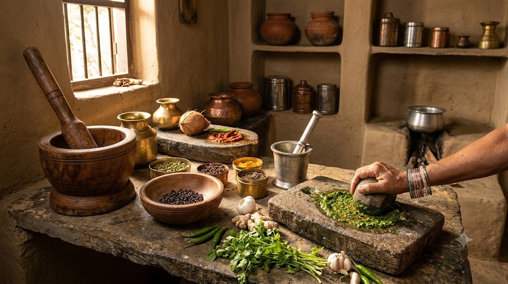 Before the Mixer, There Was a Stone: The Little Kitchen Tools That Carry Generations of Indian Food Traditions Traditional Indian kitchen tools including a stone sil-batta, wooden mortar and pestle, and freshly ground spices.