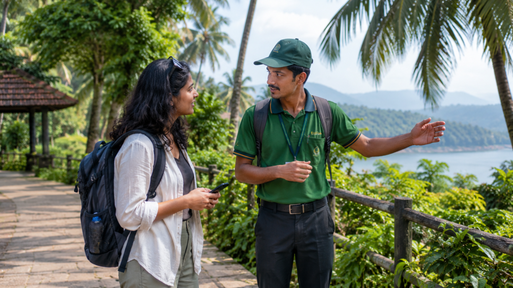 Who Helps a Solo Traveller in Kerala? Green Marshals Might A local tourism marshal helping a solo woman traveller at a green tourist destination in Kerala.