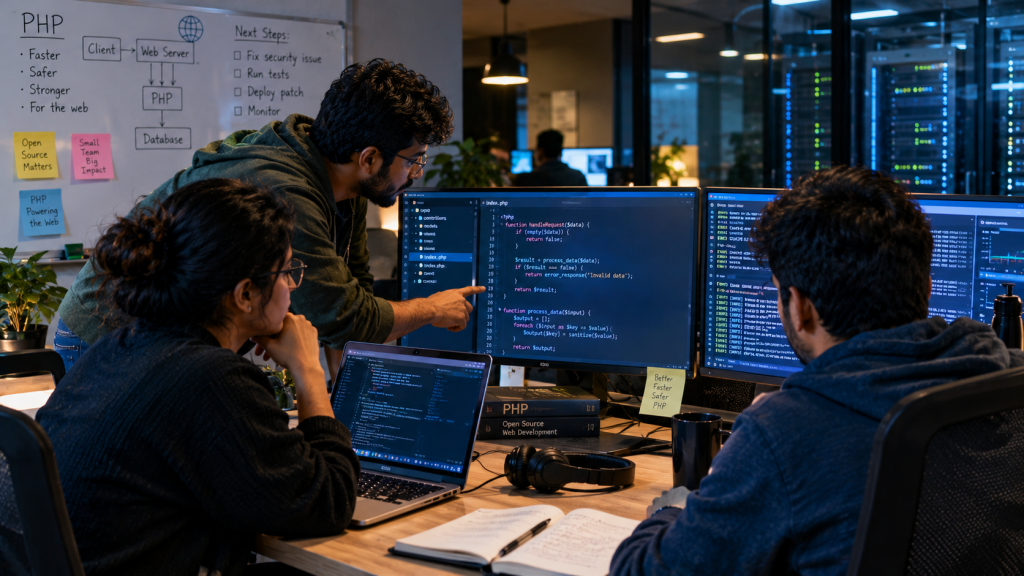 Software engineers reviewing PHP code and debugging logs at workstations in a modern development office.