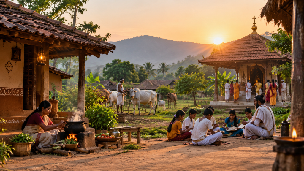 Kurmagram: The Indian Village Without Internet Traditional Vedic village in Andhra Pradesh with mud houses, villagers, cattle and a Gurukul classroom.