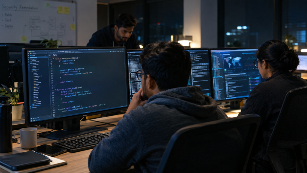 Cybersecurity engineers working to identify and fix critical PHP security flaws on a computer server.