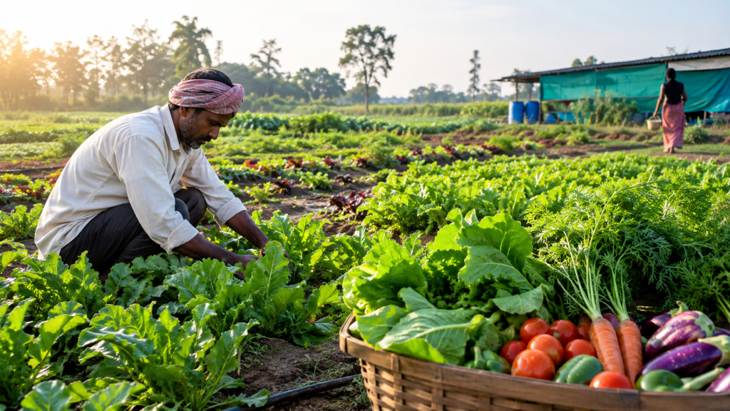 A farmer harvesting fresh vegetables on a small farm supplying urban families through a rent-a-farm subscription.