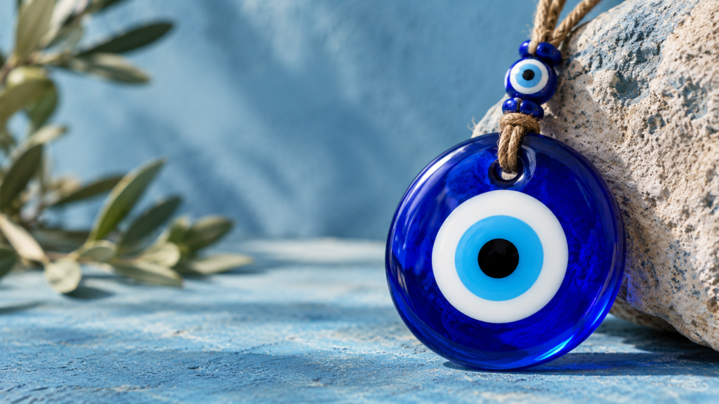 Traditional Turkish blue glass evil eye charm with concentric blue, white and black circles.