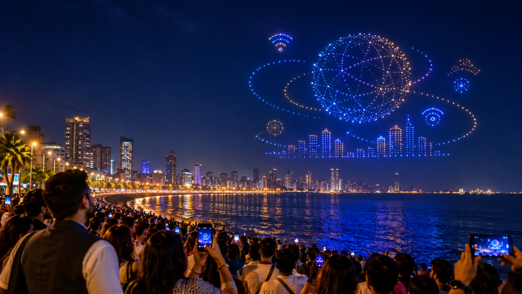 Mumbai’s Marine Drive skyline illuminated at night during the Jio Platforms stock market debut celebrations.