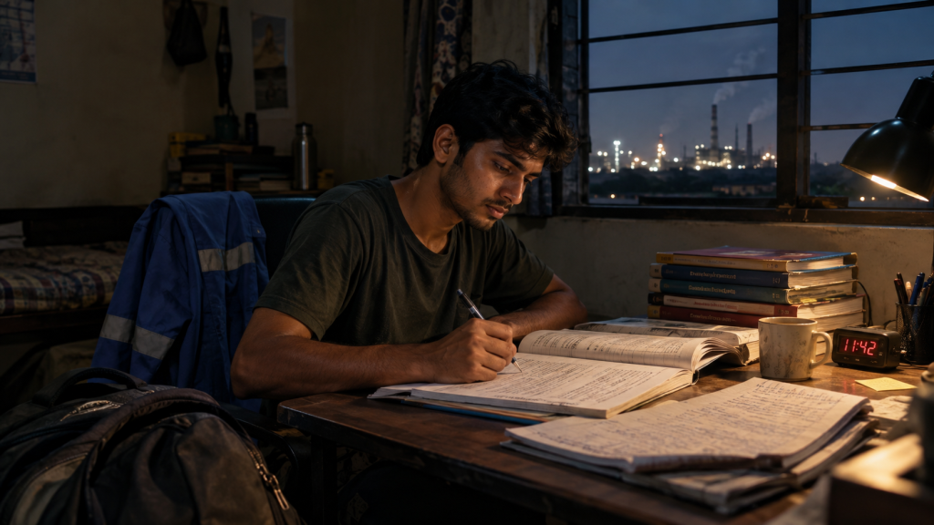 Young Indian man studying for government exams late at night after a factory shift.