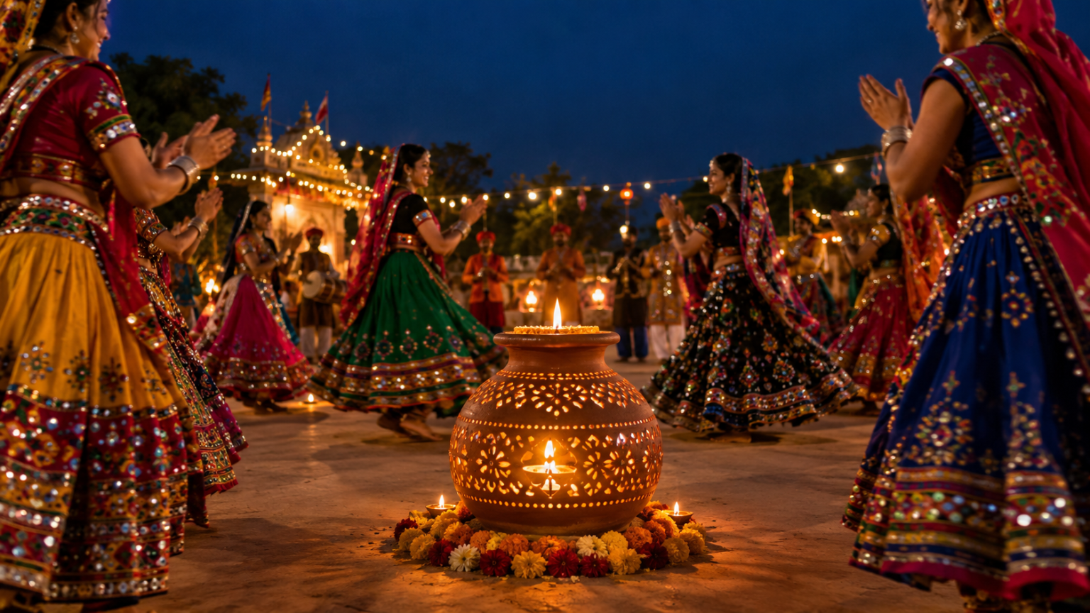 Gujarati women performing traditional Garba around a decorated earthen pot with a glowing lamp during Navratri.