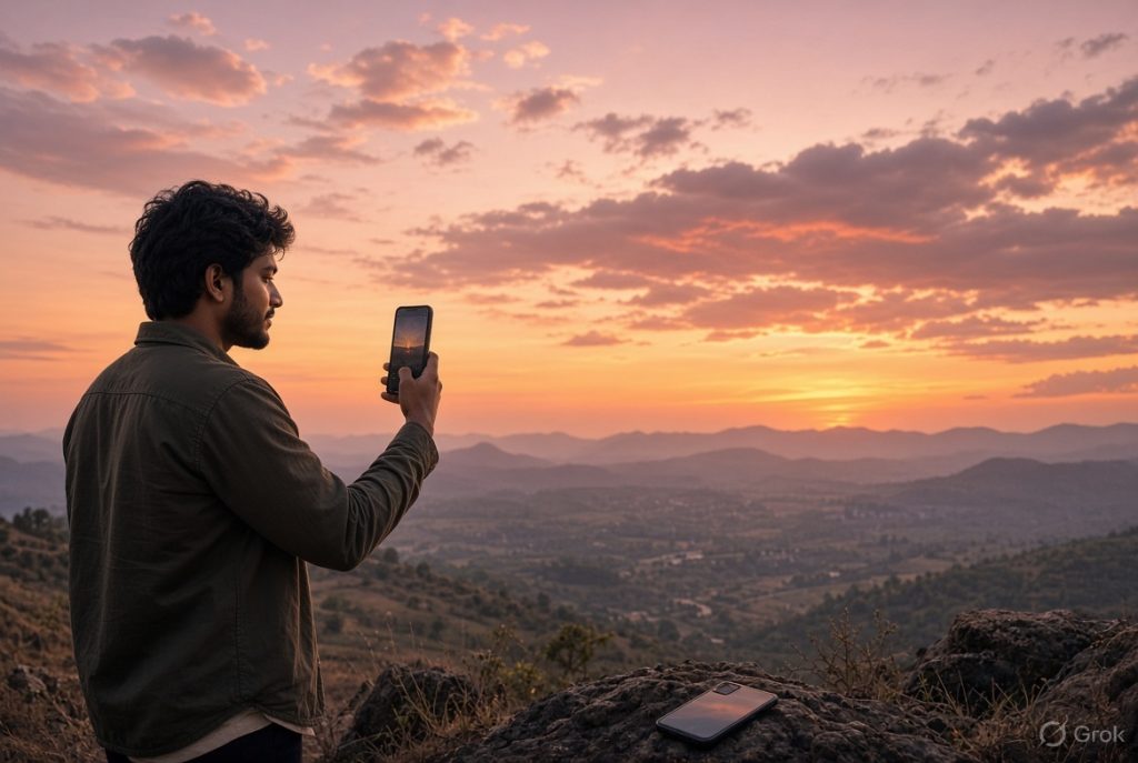 Person photographing a sunset with a smartphone while experiencing the moment