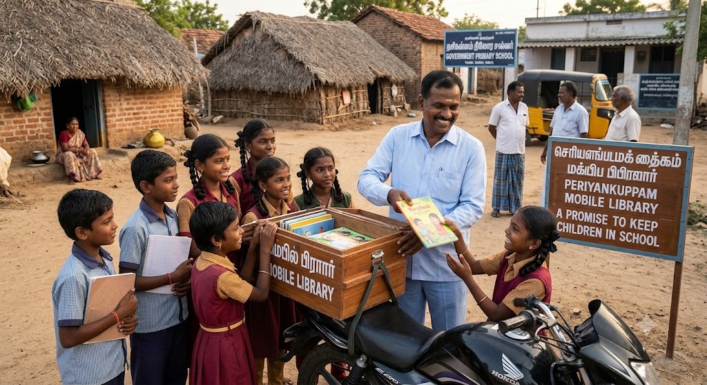 A box of books, a motorcycle and a promise to keep children in school Government schoolteacher Saravanan carries children's books on his motorcycle to a settlement in Tirupattur district, Tamil Nadu.