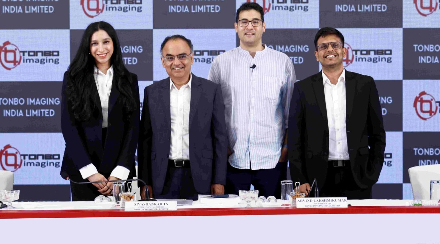 Officials at the Tonbo Imaging India IPO press conference ahead of the public issue opening on October 15, 2026.